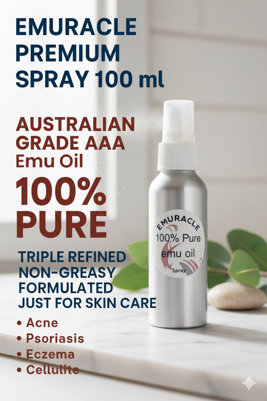 Emuracle. Notre spray 100 ml contient une huile d'émeu 100 % pure, triple raffinée et non grasse, issue des meilleurs élevages australiens