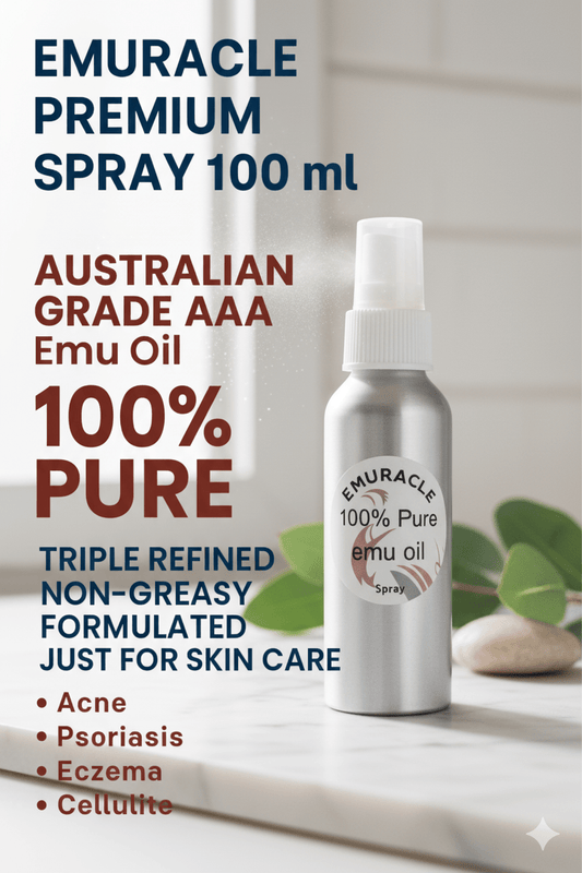 Emuracle. Notre spray 100 ml contient une huile d'émeu 100 % pure, triple raffinée et non grasse, issue des meilleurs élevages australiens - Emuracle